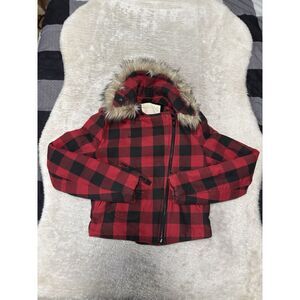 Denim & Supply Ralph Lauren Women Buffalo Plaid Moto Biker Jacket‎ Red Size M